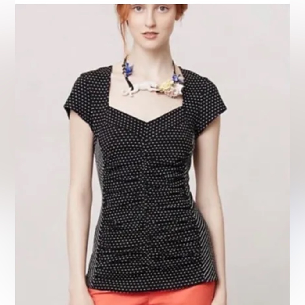 Cute Anthropologie Ruched Polka Dot Cap Sleeve Top Women's Sweetheart Size Small